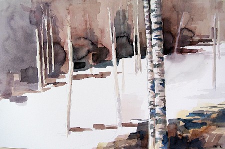 'Schneefeld mit 2 Birken Aug 2012 Aquarell auf Btten 35x60cm  ' in Grossansicht